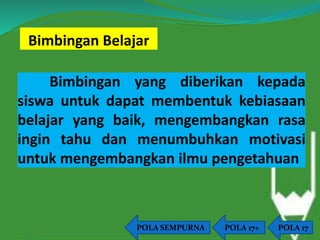 Bimbingan Belajar 
Bimbingan yang diberikan kepada 
siswa untuk dapat membentuk kebiasaan 
belajar yang baik, mengembangkan rasa 
ingin tahu dan menumbuhkan motivasi 
untuk mengembangkan ilmu pengetahuan 
POLA SEMPURNA POLA 17+ POLA 17 
 