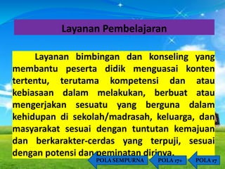 Layanan Pembelajaran 
Layanan bimbingan dan konseling yang 
membantu peserta didik menguasai konten 
tertentu, terutama kompetensi dan atau 
kebiasaan dalam melakukan, berbuat atau 
mengerjakan sesuatu yang berguna dalam 
kehidupan di sekolah/madrasah, keluarga, dan 
masyarakat sesuai dengan tuntutan kemajuan 
dan berkarakter-cerdas yang terpuji, sesuai 
dengan potensi dan peminatan dirinya. 
POLA SEMPURNA POLA 17+ POLA 17 
 