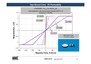 MRS-2018 Brazil Sept. 2018 36
Tape Wound Cores: DC-Permeability
-1.5
-1
-0.5
0
0.5
1
1.5
-200 -150 -100 -50 0 50 100 150 2...
