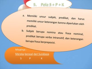 Misalnya :
Mereka berasal dari Surabaya.
    S        P       K
 