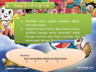 a. Memiliki unsur subjek, predikat, objek,
   dan keterangan.
b. Subjek berupa nomina atau frasa nomina,
   predikat berupa verba intransitif, objek
   berupa nomina atau frasa nominal, dan
   keterangan berupa frasa berpreposisi.



Misalnya :
   Kami memasukkan pakaian ke dalam lemari.
      S     P         O          K
 