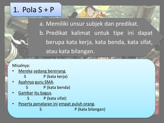 1. Pola S + P
              a. Memiliki unsur subjek dan predikat.
              b. Predikat kalimat untuk tipe ini dapat
                 berupa kata kerja, kata benda, kata sifat,
                 atau kata bilangan.

Misalnya:
• Mereka sedang berenang.
      S        P (kata kerja)
• Ayahnya guru SMA.
       S       P (kata benda)
• Gambar itu bagus.
        S      P (kata sifat)
• Peserta penataran ini empat puluh orang.
             S                 P (kata bilangan)
 