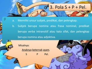 3. Pola S + P + Pel.

a.   Memiliki unsur subjek, predikat, dan pelengkap.
b. Subjek berupa nomina atau frasa nominal, predikat
     berupa verba intransitif atau kata sifat, dan pelengkap
     berupa nomina atau adjektiva.

     Misalnya:
        Anaknya beternak ayam.
           S       P      Pel.
 
