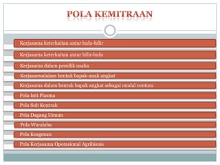 Kerjasama keterkaitan antar hulu-hilir

Kerjasama keterkaitan antar hilir-hulu

Kerjasama dalam pemilik usaha

Kerjasamadalam bentuk bapak-anak angkat
Kerjasama dalam bentuk bapak angkat sebagai modal ventura

Pola Inti Plasma

Pola Sub Kontrak

Pola Dagang Umum
Pola Waralaba
Pola Keagenan

Pola Kerjasama Operasional Agribisnis
 