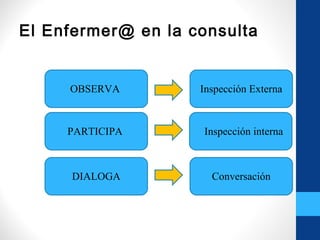 El Enfermer@ en la consulta
OBSERVA
PARTICIPA
DIALOGA
Inspección Externa
Inspección interna
Conversación
 