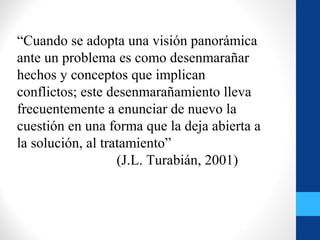 “Cuando se adopta una visión panorámica
ante un problema es como desenmarañar
hechos y conceptos que implican
conflictos; este desenmarañamiento lleva
frecuentemente a enunciar de nuevo la
cuestión en una forma que la deja abierta a
la solución, al tratamiento”
(J.L. Turabián, 2001)
 