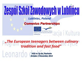 Lubliniec, Poland
          Comenius Partnerships




„The European teenagers between culinary
         tradition and fast food"
              Visit to Tg-Jiu, Romania
             October / November 2012
 
