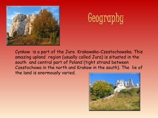 Cynkow is a part of the Jura Krakowsko-Czestochowska. This
amazing upland region (usually called Jura) is situated in the
south and central part of Poland (tight strand between
Czestochowa in the north and Krakow in the south). The lie of
the land is enormously varied.
 