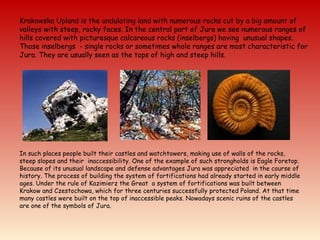 Krakowska Upland is the undulating land with numerous rocks cut by a big amount of
valleys with steep, rocky faces. In the central part of Jura we see numerous ranges of
hills covered with picturesque calcareous rocks (inselbergs) having unusual shapes.
Those inselbergs - single rocks or sometimes whole ranges are most characteristic for
Jura. They are usually seen as the tops of high and steep hills.
In such places people built their castles and watchtowers, making use of walls of the rocks,
steep slopes and their inaccessibility. One of the example of such strongholds is Eagle Foretop.
Because of its unusual landscape and defense advantages Jura was appreciated in the course of
history. The process of building the system of fortifications had already started in early middle
ages. Under the rule of Kazimierz the Great a system of fortifications was built between
Krakow and Czestochowa, which for three centuries successfully protected Poland. At that time
many castles were built on the top of inaccessible peaks. Nowadays scenic ruins of the castles
are one of the symbols of Jura.
 