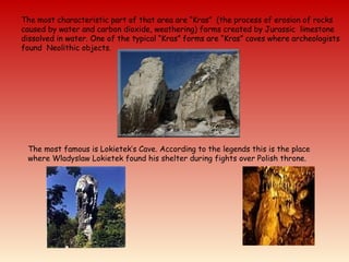 The most characteristic part of that area are “Kras” (the process of erosion of rocks
caused by water and carbon dioxide, weathering) forms created by Jurassic limestone
dissolved in water. One of the typical “Kras” forms are “Kras” caves where archeologists
found Neolithic objects.
The most famous is Lokietek’s Cave. According to the legends this is the place
where Wladyslaw Lokietek found his shelter during fights over Polish throne.
 