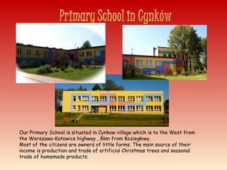 Our Primary School is situated in Cynkow village which is to the West from
the Warszawa-Katowice highway , 8km from Koziegłowy.
Most of the citizens are owners of little farms. The main source of their
income is production and trade of artificial Christmas trees and seasonal
trade of homemade products.
 