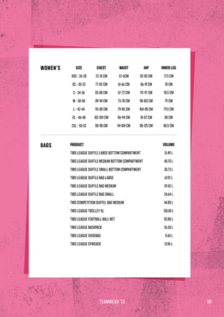 181
TEAMWEAR '23
SIZE
XXS - 26-28
XS - 30-32
S - 34-36
M - 38-40
L - 42-44
XL - 46-48
2XL - 50-52
CHEST
73-76 CM
77-82 CM
83-88 CM
89-94 CM
95-101 CM
102-109 CM
110-118 CM
HIP
82-85 CM
86-91 CM
92-97 CM
98-103 CM
104-110 CM
111-117 CM
118-125 CM
WAIST
57-6CM
61-66 CM
67-72 CM
73-78 CM
79-85 CM
86-94 CM
94-104 CM
INNER LEG
77.5 CM
78 CM
78.5 CM
79 CM
79.5 CM
80 CM
80.5 CM
PRODUCT
TIRO LEAGUE DUFFLE LARGE BOTTOM COMPARTMENT
TIRO LEAGUE DUFFLE MEDIUM BOTTOM COMPARTMENT
TIRO LEAGUE DUFFLE SMALL BOTTOM COMPARTMENT
TIRO LEAGUE DUFFLE BAG LARGE
TIRO LEAGUE DUFFLE BAG MEDIUM
TIRO LEAGUE DUFFLE BAG SMALL
TIRO COMPETITION DUFFEL BAG MEDIUM
TIRO LEAGUE TROLLEY XL
TIRO LEAGUE FOOTBALL BALL NET
TIRO LEAGUE BACKPACK
TIRO LEAGUE SHOEBAG
TIRO LEAGUE GYMSACK
VOLUME
51.49 L
40.70 L
30.73 L
61.92 L
39.42 L
24.64 L
44.80 L
130.00 L
113.80 L
26.50 L
11.60 L
13.96 L
WOMEN’S
BAGS
 