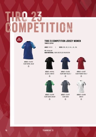 96 TEAMWEAR '23
KEY
ARTICLE
TIRO 23 COMPETITION JERSEY WOMEN
TIRO23 C JSY W
FIT: REGULAR
MAIN MATERIAL: 100% RECYCLED POLYESTER
ADULT: 159 Zł SIZES: 2XS, XS, S, M, L, XL, 2XL
TIRO 23
COMPETITION
ADULT: HI5966
BLACK / WHITE
ADULT: IC4586
TEAM NAVY BLUE 2
ADULT: IC4587
TEAM POWER RED 2
ADULT: IC4592
TEAM ROYAL BLUE
ADULT: IC4590
TEAM DARK GREEN
ADULT: IC4591
TEAM ONIX
ADULT: IC4588
WHITE
 