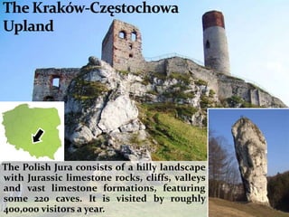 The Polish Jura consists of a hilly landscape
with Jurassic limestone rocks, cliffs, valleys
and vast limestone formations, featuring
some 220 caves. It is visited by roughly
400,000 visitors a year.
 