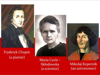 Mikołaj Kopernik
(an astronomer)
Maria Curie –
Skłodowska
(a scientist)
Fryderyk Chopin
(a pianist)
 