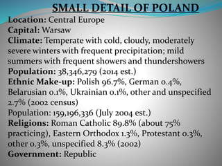 SMALL DETAIL OF POLAND
Location: Central Europe
Capital: Warsaw
Climate: Temperate with cold, cloudy, moderately
severe winters with frequent precipitation; mild
summers with frequent showers and thundershowers
Population: 38,346,279 (2014 est.)
Ethnic Make-up: Polish 96.7%, German 0.4%,
Belarusian 0.1%, Ukrainian 0.1%, other and unspecified
2.7% (2002 census)
Population: 159,196,336 (July 2004 est.)
Religions: Roman Catholic 89.8% (about 75%
practicing), Eastern Orthodox 1.3%, Protestant 0.3%,
other 0.3%, unspecified 8.3% (2002)
Government: Republic
 