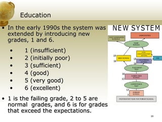 Education In the early 1990s the system was extended by introducing new grades, 1 and 6. 1 (insufficient) 2 (initially poor) 3 (sufficient) 4 (good) 5 (very good) 6 (excellent) 1 is the failing grade, 2 to 5 are normal  grades, and 6 is for grades that exceed the expectations. 