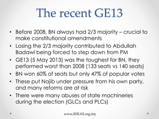 The recent GE13
• Before 2008, BN always had 2/3 majority – crucial to
make constitutional amendments
• Losing the 2/3 majority contributed to Abdullah
Badawi being forced to step down from PM
• GE13 (5 May 2013) was the toughest for BN, they
performed worst than 2008 (133 seats vs 140 seats)
• BN won 60% of seats but only 47% of popular votes
• These put Najib under pressure from his own party,
and many reforms are at risk
• There were many abuses of state machineries
during the election (GLCs and PLCs)
www.IDEAS.org.my
 