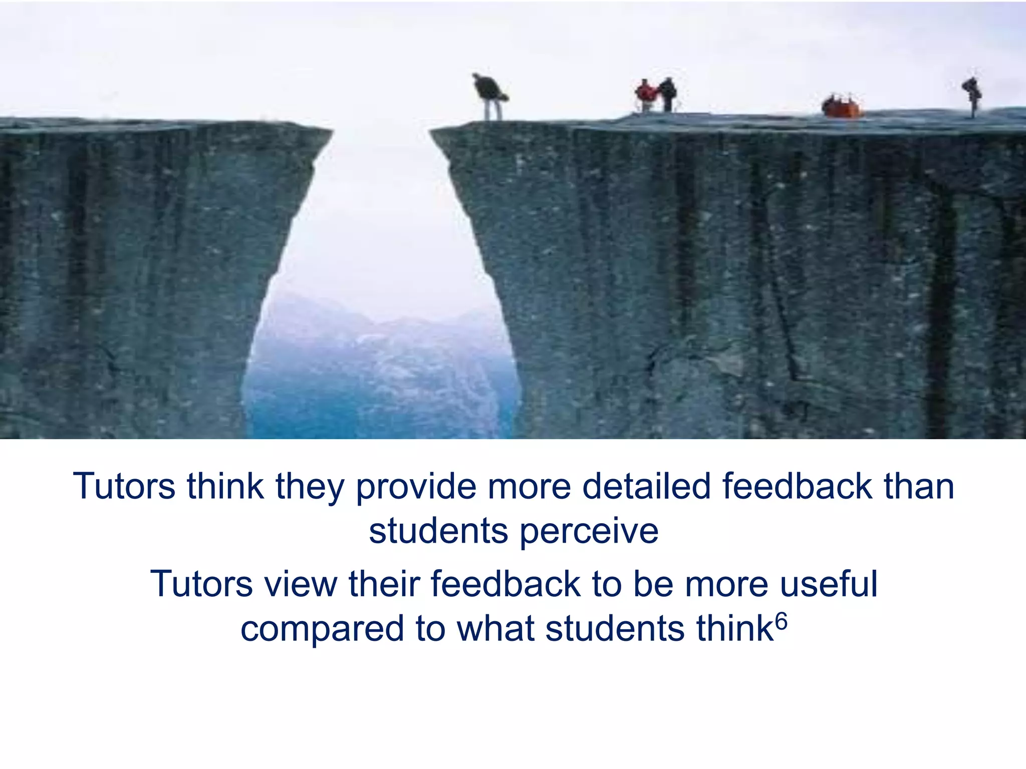 Tutors think they provide more detailed feedback than
students perceive
Tutors view their feedback to be more useful
compared to what students think6
 