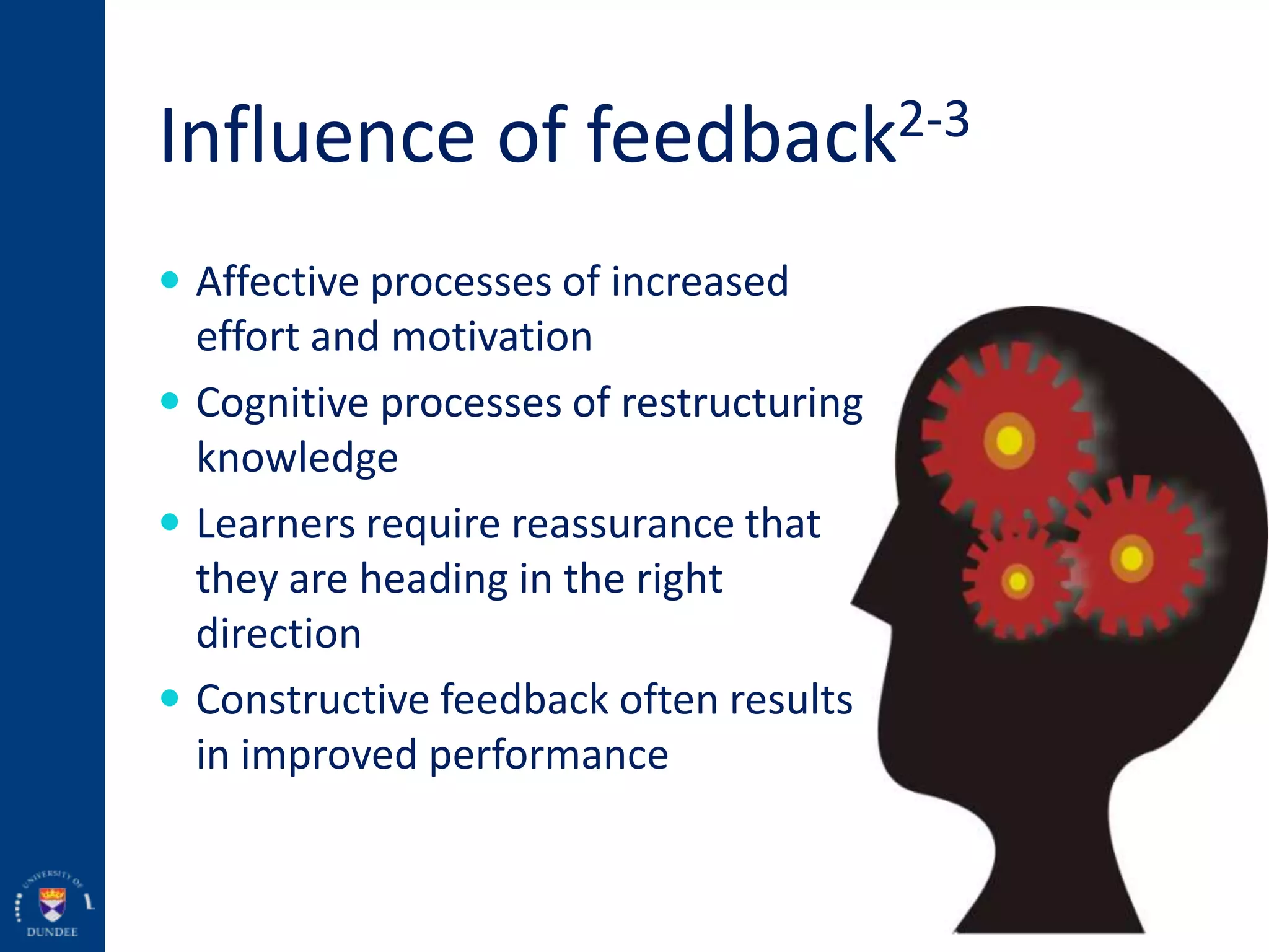 Influence of feedback2-3
 Affective processes of increased
effort and motivation
 Cognitive processes of restructuring
knowledge
 Learners require reassurance that
they are heading in the right
direction
 Constructive feedback often results
in improved performance
 