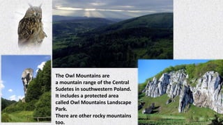 The Owl Mountains are
a mountain range of the Central
Sudetes in southwestern Poland.
It includes a protected area
called Owl Mountains Landscape
Park.
There are other rocky mountains
too.
 