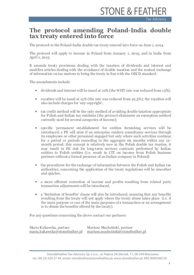 Poland India protocol to Double Tax Treaty entered into force
