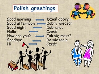 Polish greetings
Good morning Dzień dobry
Good afternoon Dobry wieczór
Good night Dobranoc
Hello Cześć
How are you? Jak się masz?
Goodbye Do widzenia
Hi Cześć
 