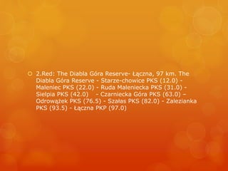  2.Red: The Diabla Góra Reserve- Łączna, 97 km. The
Diabla Góra Reserve - Starze-chowice PKS (12.0) -
Maleniec PKS (22.0) - Ruda Maleniecka PKS (31.0) -
Sielpia PKS (42.0) - Czarniecka Góra PKS (63.0) –
Odrowążek PKS (76.5) - Szałas PKS (82.0) - Zalezianka
PKS (93.5) - Łączna PKP (97.0)
 