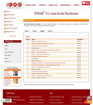 Home
Expert's profile
Course overview
Certification
Key benefits
Who should attend?
Register Now !
Tell a friend
Day 1 Day 2 Day 3 Day 4
Consulting Buy
Useful Links
Videos
FAQ
Have Questions?
Why iCMG?
Venue
Contact Us
Upcoming Webinars
Fri, May 31, 2013
Enterprise
Architecture -
Essentials for
Decision Makers
Mon, May 27, 2013
Tips & Traps -
Architecture driven
IT migration &
modernization
roadmap
Course overview
Day-wise planned activity: Four day TOGAF workshop. A customized program to understand and implement
concepts and to help prepare for the TOGAF certification
Day 3
Sl.No. Topic Duration
Phase A - Architecture Vision 45 min
Case Study Session (Architecture Vision) 45 min
Phase B - Business Architecture 30 min
Morning Break 15 min
Phase C - Information Systems Architecture Overview 15 min
Phase C - Data Architecture 30 min
Phase C - Application Architecture 30 min
Mock Exam Questions (Part 2) 30 min
Lunch Break 60 min
Case Study Review 15 min
Integrated Information Infrastructure Reference Model (III/RM) 15 min
Foundation Architecture - Technical Reference Model 30 min
Phase D - Technology Architecture 30 min
Afternoon Break 15 min
Mock Exam Questions (Part 2) 15 min
Migration Planning Techniques 30 min
Phase E - Opportunities and Solutions 30 min
Phase F Migration Planning 30 min
TOGAF is a registered trademark of The Open Group in the United States and other countries
Enterprise Architecture
Business Process Management
Enterprise SOA
Center of Excellence
Application Rationalization
Architecture Assessment
Ask the Architect Credits
Webinar Licenses
Workshop Registration
Online Learning Licenses
Online Consulting
Onsite Consulting
CONSULTING EVENTS ABOUT US RESOURCES STORE
 