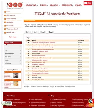 Home
Expert's profile
Course overview
Certification
Key benefits
Who should attend?
Register Now !
Tell a friend
Day 1 Day 2 Day 3 Day 4
Consulting Buy
Useful Links
Videos
FAQ
Have Questions?
Why iCMG?
Venue
Contact Us
Upcoming Webinars
Fri, May 31, 2013
Enterprise
Architecture -
Essentials for
Decision Makers
Mon, May 27, 2013
Tips & Traps -
Architecture driven
IT migration &
modernization
roadmap
Course overview
Day-wise planned activity: Four day TOGAF workshop. A customized program to understand and implement
concepts and to help prepare for the TOGAF certification
Day 4
Sl.No. Topic Duration
Case Study Session (Value and Roadmap) 30 min
Phase G - Implementation Governance 30 min
Phase H - Architecture Change Management 30 min
Architecture Requirements Management 15 min
Mock Exam Questions (ADM) 15 min
Morning Break 15 min
Architecture Partitioning 15 min
Adapting the ADM: Iteration and Levels 30 min
Adapting the ADM: Security 30 min
Adapting the ADM: SOA 15 min
Mock Exam Questions 15 min
Lunch Break 60 min
Complete Case Study Review 30 min
Architecture Maturity Models 15 min
Architecture Skills Framework 15 min
Wrap-up 15 min
Afternoon Break 15 min
Complete Mock Exam 120 min
TOGAF is a registered trademark of The Open Group in the United States and other countries
Enterprise Architecture
Business Process Management
Enterprise SOA
Center of Excellence
Application Rationalization
Architecture Assessment
Ask the Architect Credits
Webinar Licenses
Workshop Registration
Online Learning Licenses
Online Consulting
Onsite Consulting
CONSULTING EVENTS ABOUT US RESOURCES STORE
 