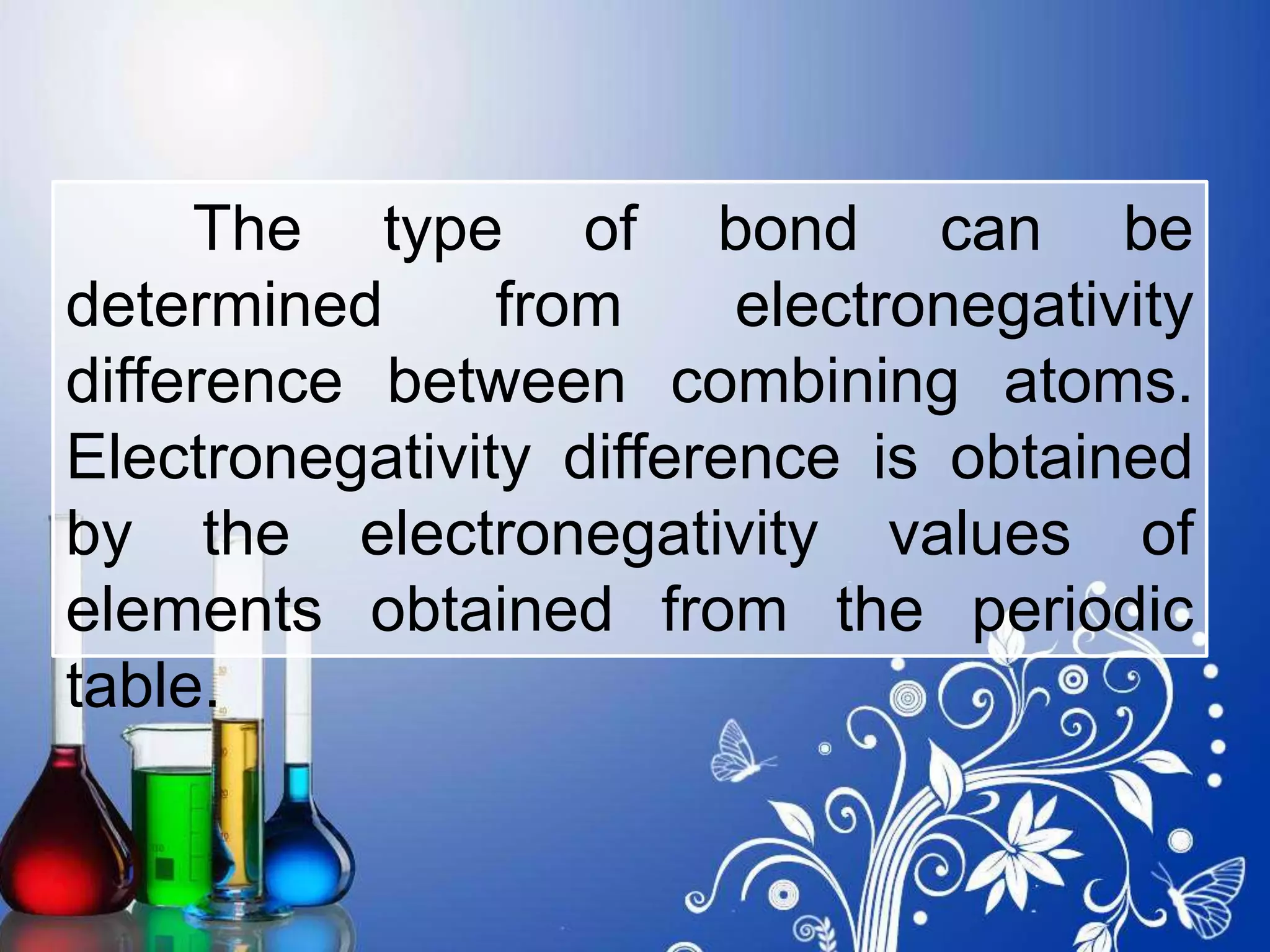 The type of bond can be
determined from electronegativity
difference between combining atoms.
Electronegativity difference is obtained
by the electronegativity values of
elements obtained from the periodic
table.
 