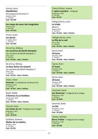 12
Correia, Larry
Malédiction
Chroniques du Grimnoir 2
Atalante, 2013
ex : 95068450
Cote : RS COR
Les coups de coeur des Imaginales
ActuSF, 2013
ex : 95074962
Cote : RS COU
Cronin, Justin
Les douze
R. Laffont, 2013
ex : 95074070
Cote : RS CRO
De la Cruz, Melissa
Les sorcières de North Hampton
Les sorcières de North Hampton 1
Orbit, 2012
ex : 95073711
Cote : RS DEL - Ados / Adultes
De la Cruz, Melissa
Le doux baiser du serpent
Les sorcières de North Hampton 2
Orbit, 2013
ex : 95074873
Cote : RS DEL - Ados / Adultes
Dixen, Victor
Animale : la malédiction de Boucle d'or
Gallimard, 2013
ex : 95074438
Cote : RS DIX - Ados / Adultes
Doyle, Roddy
3 femmes et un fantôme
Flammarion, 2013
ex : 95074945
Cote : RS DOY - Ados / Adultes
Duncan, Dave
Les lames du roi : l'intégrale de la trilogie
Bragelonne, 2011
ex : 95074818
Cote : RS DUN
Eschbach, Andreas
Maître de la matière
Atalante, 2013
ex : 95074789
Cote : RS ESC
Faivre d'Arcier, Jeanne
L' opéra macabre : l'intégrale
Bragelonne, 2013
ex : 95074840
Cote : RS FAI
Gallego García, Laura
La triade
Idhun 2
Bayard, 2012
ex : 95073636
Cote : RS GAL - Ados / Adultes
Gallego García, Laura
La fille de la nuit
J'ai lu, 2013
ex : 95074833
Cote : RS GAL - Ados / Adultes
Garcia, Kami
16 lunes
Hachette, 2009
ex : 95068312
Cote : RS GAR - Ados / Adultes
Garcia, Kami
17 lunes
Hachette, 2010
ex : 95068313
Cote : RS GAR - Ados / Adultes
Garcia, Kami
18 lunes
Hachette, 2011
ex : 95068315
Cote : RS GAR - Ados / Adultes
Gemmell, David
Jon Shannow : l'intégrale de la trilogie
Bragelonne, 2012
ex : 95068274
Cote : RS GEM
Gemmell, Stella
La Cité
Bragelonne, 2013
ex : 95068616
Cote : RS GEM
Gerber, Michael
Barry Trotter : l'intégrale de la trilogie
Bragelonne, 2013
ex : 95074402
Cote : RS GER
 