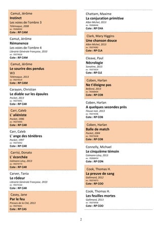 2
Camut, Jérôme
Instinct
Les voies de l'ombre 3
Télémaque, 2008
ex : 95068302
Cote : RP CAM
Camut, Jérôme
Rémanence
Les voies de l'ombre 4
Librairie Générale Française, 2010
ex : 95074626
Cote : RP CAM
Camut, Jérôme
Le sourire des pendus
W3
Télémaque, 2013
ex : 95074519
Cote : RP CAM
Carayon, Christian
Le diable sur les épaules
Pocket, 2013
ex : 95074491
Cote : RP CAR
Carr, Caleb
L' aliéniste
Pocket, 1996
ex : 95074493
Cote : RP CAR
Carr, Caleb
L' ange des ténèbres
Pocket, 1997
ex : 95074492
Cote : RP CAR
Carrisi, Donato
L' écorchée
Calmann-Lévy, 2013
ex : 95074773
Cote : RP CAR
Carver, Tania
Le rôdeur
Librairie Générale Française, 2010
ex : 95074164
Cote : RP CAR
Casey, Jane
Par le feu
Presses de la Cité, 2013
ex : 95074641
Cote : RP CAS
Chattam, Maxime
La conjuration primitive
Albin Michel, 2013
ex : 95068446
Cote : RP CHA
Clark, Mary Higgins
Une chanson douce
Albin Michel, 2013
ex : 95074082
Cote : RP CLA
Cleave, Paul
Nécrologie
Sonatine, 2013
ex : 95073624
Cote : RP CLE
Coben, Harlan
Ne t'éloigne pas
Belfond, 2013
ex : 95068404
Cote : RP COB
Coben, Harlan
A quelques secondes près
Fleuve noir, 2013
ex : 95074596
Cote : RP COB
Coben, Harlan
Balle de match
Pocket, 2004
ex : 95073638
Cote : RP COB
Connelly, Michael
Le cinquième témoin
Calmann-Lévy, 2013
ex : 95068454
Cote : RP CON
Cook, Thomas H.
La preuve de sang
Gallimard, 2012
ex : 95074973
Cote : RP COO
Cook, Thomas H.
Les feuilles mortes
Gallimard, 2013
ex : 95074958
Cote : RP COO
 