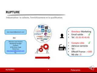 Polaramis
RUPTURE
4
01/12/2013
Industrialiser la collecte, l’enrichissement et la qualification
Jean.dupont@proxisert.com • Directeur Marketing
• Email valide
• Tel : 01 01 45 45 45
• Compte cible
• Adresse correcte
• Tel :
• Effectif France : >100
• Nb site : 3
Monsieur jean Dupont
Marketing manager
Proxisert
10 Bd Victor Hugo
75016 Paris
Jean.dupont@proxisert.com
Tel :
ou
 