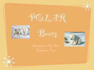 POLAR
 Bears
Information on Polar Bears
    By Jasmine Tang
 