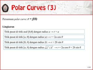 Persamaan polar curve: r = f(θ)
Lingkaran
Titik pusat di titik asal [0,0] dengan radius a → r = a
Titik pusat di titik [a, 0] dengan radius |a|→ r = 2a cos θ
Titik pusat di titik [0, b] dengan radius |b| → r = 2b sin θ
2-10
Titik pusat di titik [a, b] dengan radius → r = 2a cos θ + 2b sin θ22
ba 
 