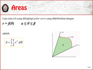 Luas area (A) yang dilingkupi polar curve yang didefinisikan dengan
r = f(θ) α ≤ θ ≤ β
adalah:



drA
2
1 2
A
2-16
 