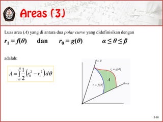 Luas area (A) yang di antara dua polar curve yang didefinisikan dengan
r1 = f(θ) dan r0 = g(θ) α ≤ θ ≤ β
adalah:
  


drrA
2
1 2
1
2
0
A
2-18
 
