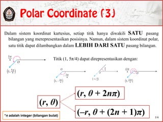 Dalam sistem koordinat kartesius, setiap titik hanya diwakili SATU pasang
bilangan yang merepresentasikan posisinya. Namun, dalam sistem koordinat polar,
satu titik dapat dilambangkan dalam LEBIH DARI SATU pasang bilangan.
Titik (1, 5π/4) dapat direpresentasikan dengan:
(r, θ)
(r, θ + 2nπ)
(–r, θ + (2n + 1)π)*n adalah integer (bilangan bulat) 2-6
 