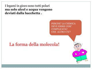 I legami in gioco sono tutti polari
ma solo alcol e acqua vengono
deviati dalla bacchetta .


                                  PERCHE’ LA CHIMICA
                                  DEVE ESSRE COSI’
                                  COMPLICATA?
                                  CHE ALTRO C’E’?




   La forma della molecola!
 