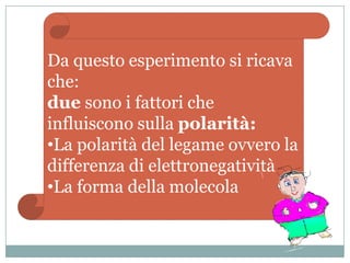 Da questo esperimento si ricava
che:
due sono i fattori che
influiscono sulla polarità:
•La polarità del legame ovvero la
differenza di elettronegatività
•La forma della molecola
 
