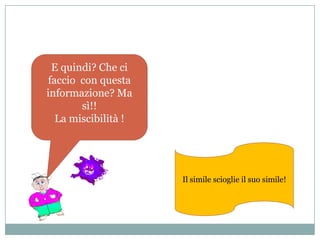 E quindi? Che ci
faccio con questa
informazione? Ma
       sì!!
  La miscibilità !




                     Il simile scioglie il suo simile!
 