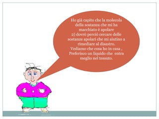 Ho già capito che la molecola
    della sostanza che mi ha
       macchiato è apolare
  2) dovrò perciò cercare delle
sostanze apolari che mi aiutino a
      rimediare al disastro.
  Vediamo che cosa ho in casa ,
 Preferisco un liquido che entra
        meglio nel tessuto.
 