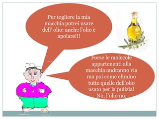Per togliere la mia
 macchia potrei usare
dell’ olio: anche l’olio è
        apolare!!!



                       Forse le molecole
                       appartenenti alla
                     macchia andranno via
                     ma poi come elimino
                      tutte quelle dell’olio
                      usato per la pulizia!
                          No, l’olio no.
 