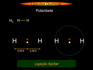 Ligações Químicas
                       Polaridade

H2   H        H




 H                         H        H   H
     0,30 A       0,30 A




                      Ligação Apolar
 
