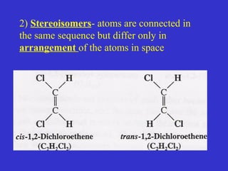 2) Stereoisomers- atoms are connected in
the same sequence but differ only in
arrangement of the atoms in space
 