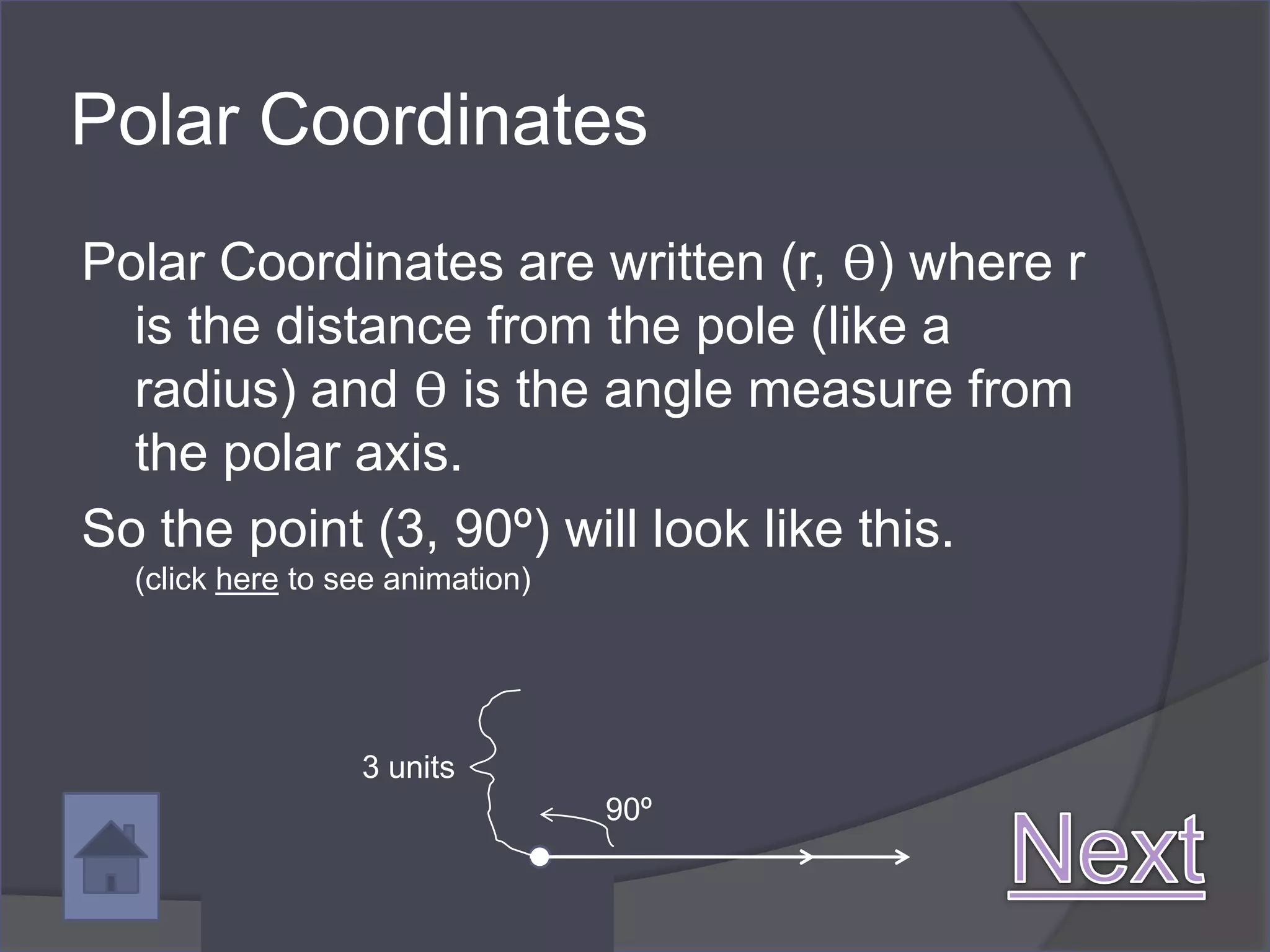 Polar Coordinates
Polar Coordinates are written (r, ϴ) where r
  is the distance from the pole (like a
  radius) and ϴ is the angle measure from
  the polar axis.
So the point (3, 90º) will look like this.
  (click here to see animation)




                  3 units
                                  90º
 