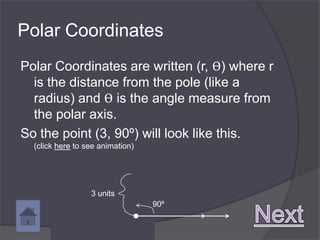 Polar Coordinates
Polar Coordinates are written (r, ϴ) where r
  is the distance from the pole (like a
  radius) and ϴ is the angle measure from
  the polar axis.
So the point (3, 90º) will look like this.
  (click here to see animation)




                  3 units
                                  90º
 