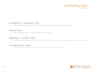 Load	
  Tes9ng	
  Types	
  
                                                                                                                 Neotys	
  NeoLoad	
  




    ü  Scalability / capacity Test
         ü    aumenta il carico costantemente, al fine di determinare la capacità massima del sistema.



    ü  Stress Test
         ü    stressa l’applicazione con un carico più elevato del normale



    ü  Stability / “soak” Test
         ü    mantiene costante e medio il carico ma per un lungo periodo per individuare memory leak, e consumo di risorse



    ü  Configuration Test
         ü    combina il test di carico con il tuning della applicazione e della infrastruttura




24	
  
 