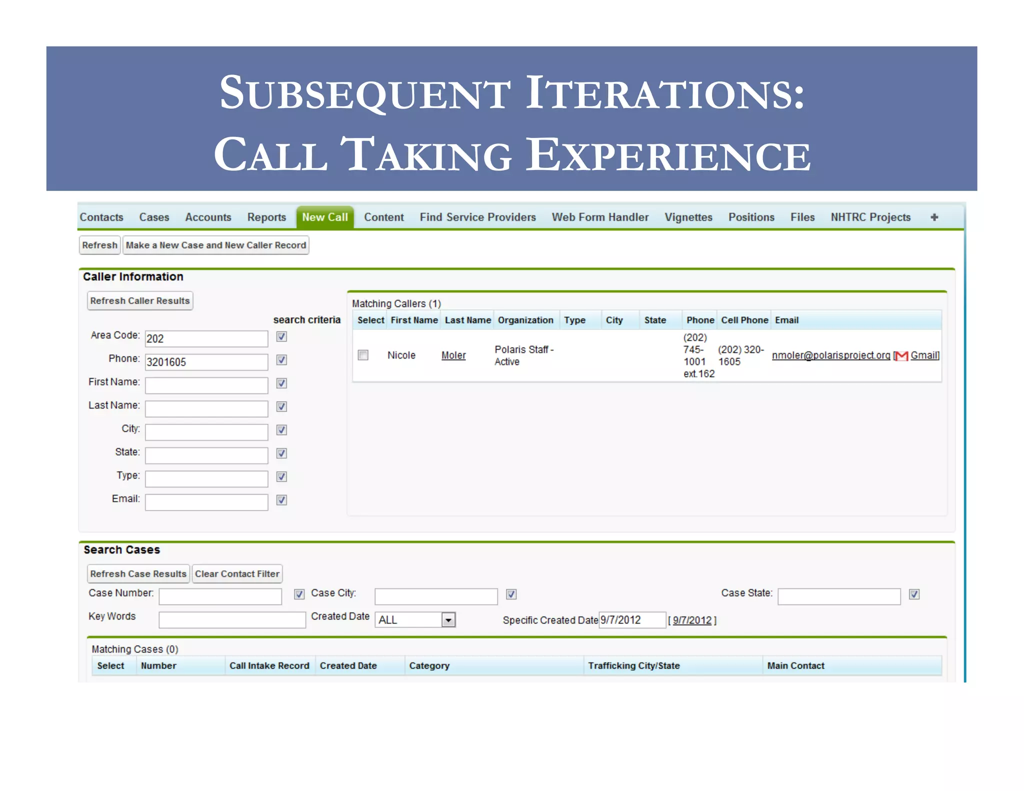 SUBSEQUENT ITERATIONS:
CALL TAKING EXPERIENCE

 